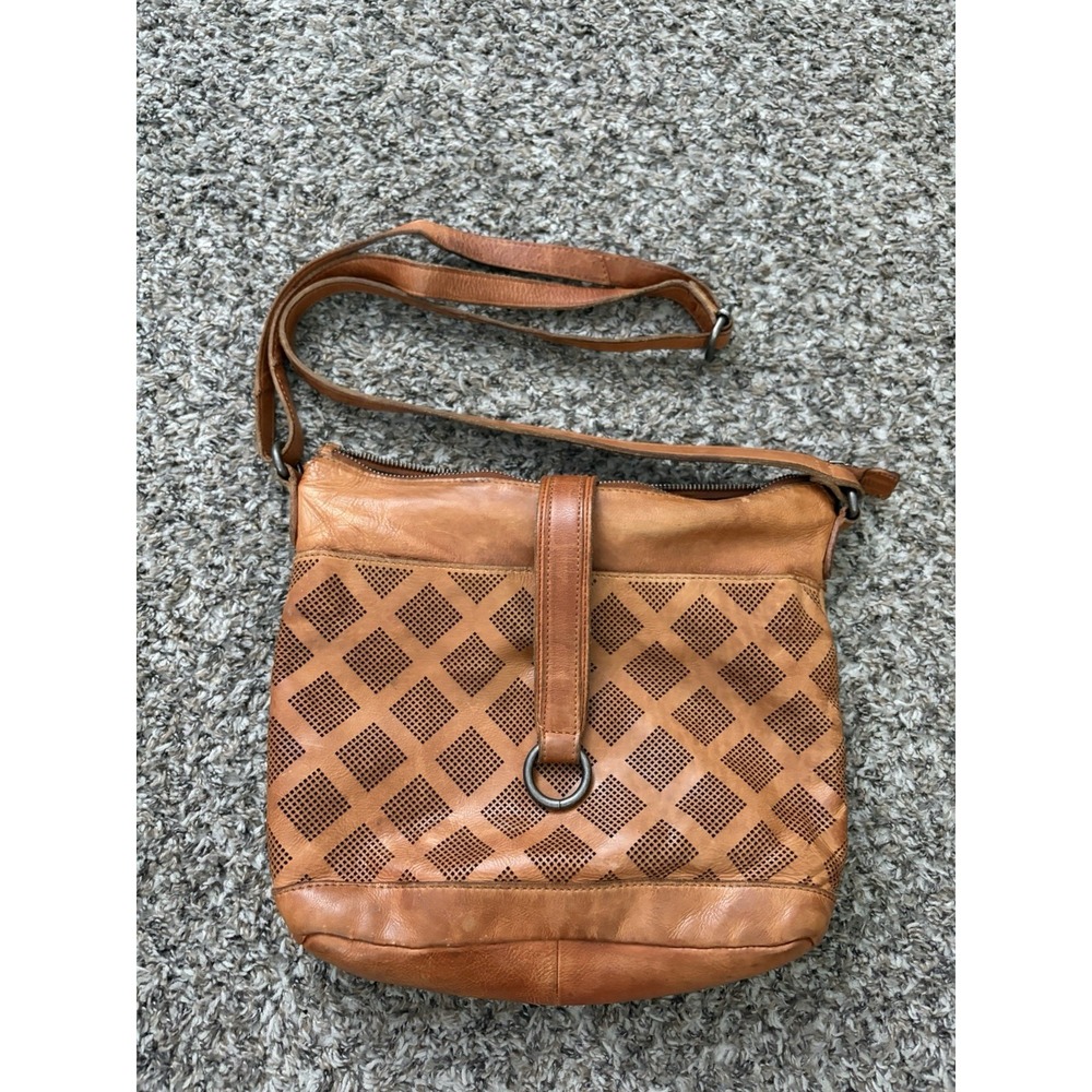 Vilenca Holland Leather Purse Perforated Design Toasted Cognac Brown Crossbody